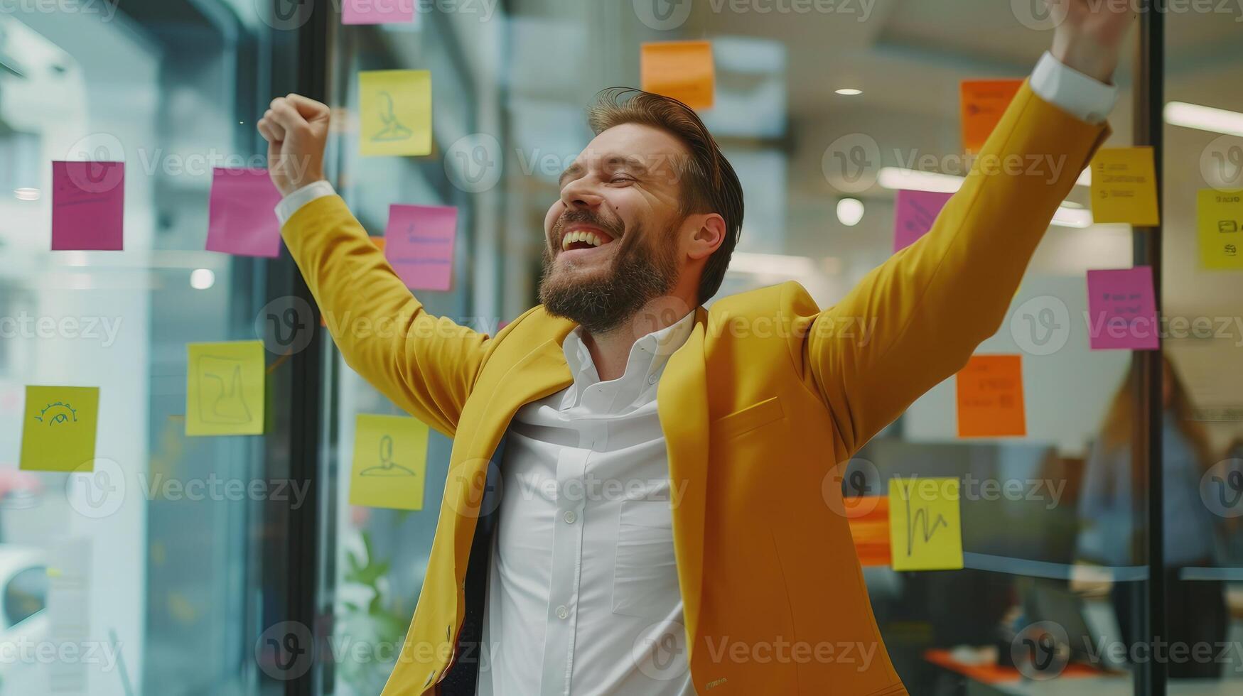 AI generated Portrait of a successful businessman near a glass board with tasks, the man fulfilled his plan on time photo