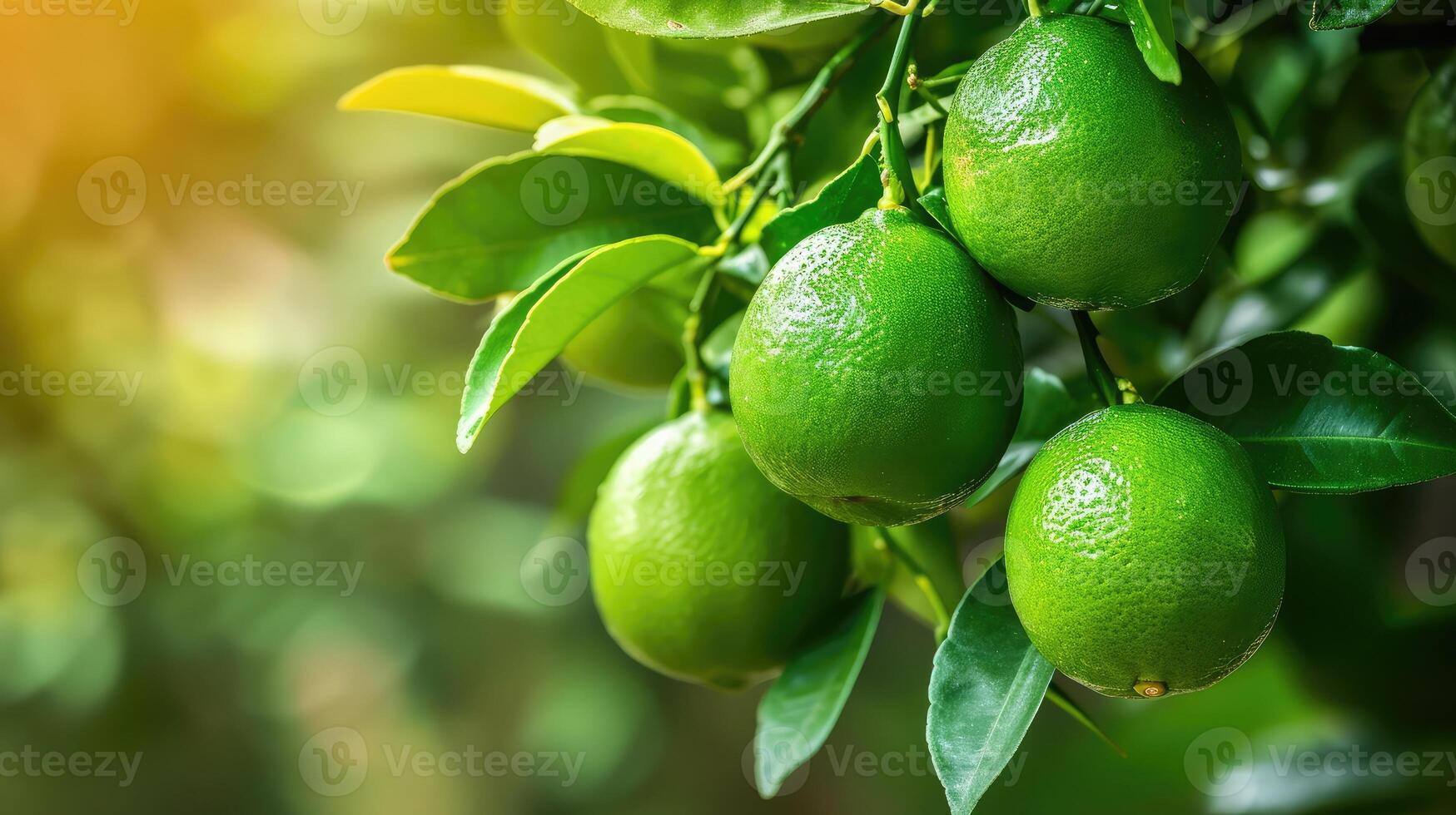 AI generated limes tree in the garden are excellent source of vitamin C. Green organic lime citrus fruit hanging on tree photo