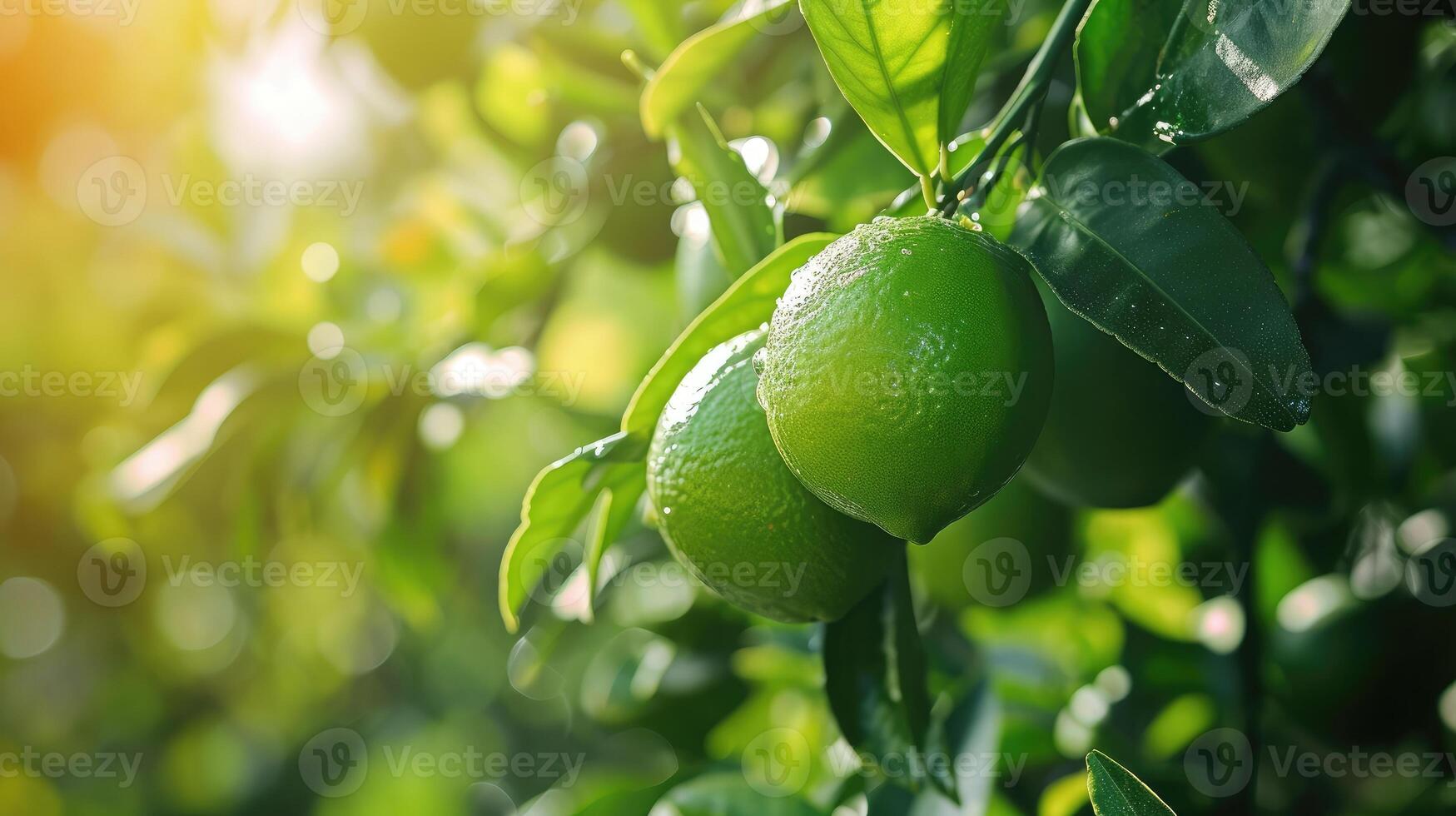 AI generated limes tree in the garden are excellent source of vitamin C. Green organic lime citrus fruit hanging on tree photo