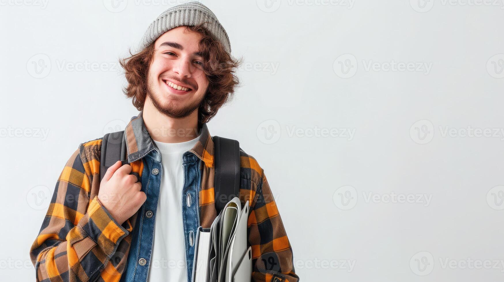 AI generated Portrait of smiling young college student with books and backpack against white backgroud photo