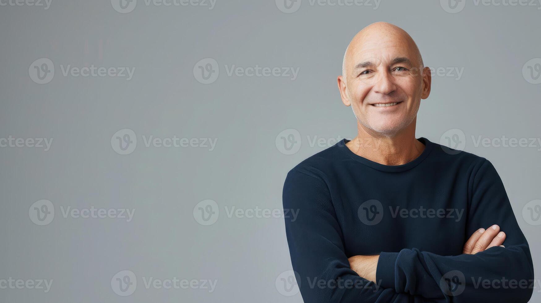 AI generated Minimal waist up portrait of mature bald man smiling at camera while standing confidently with arms crossed, copy space photo