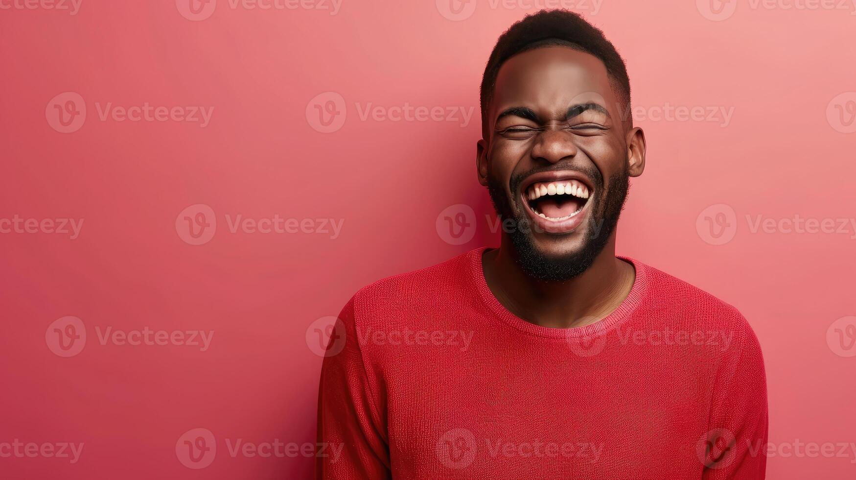 AI generated Handsome unshaven young dark-skinned male laughing out loud at funny meme he found on internet photo