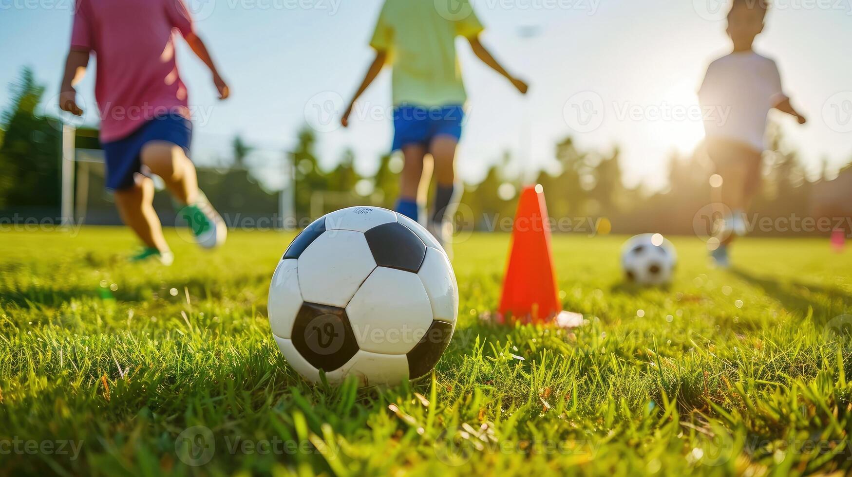 ai generado niños jugando controlar fútbol pelota táctica cono en césped campo con para formación antecedentes formación niños en fútbol foto