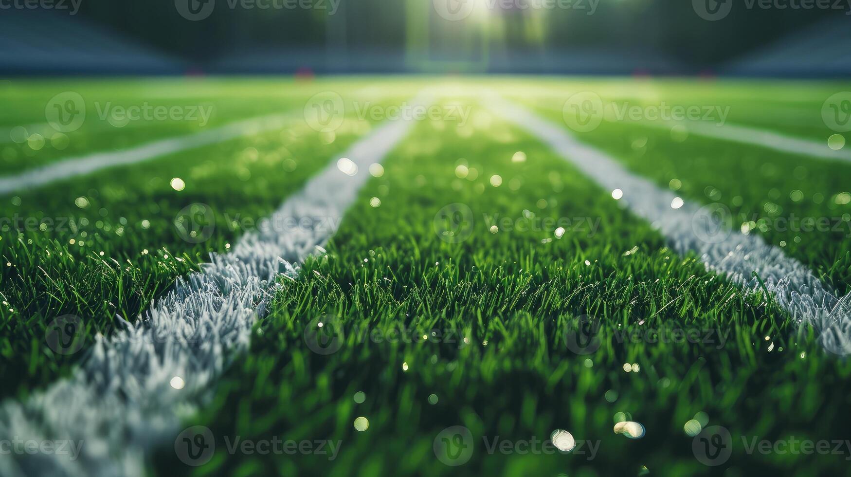 AI generated American football arena with yellow goal post, grass field and blurred fans at playground view. photo