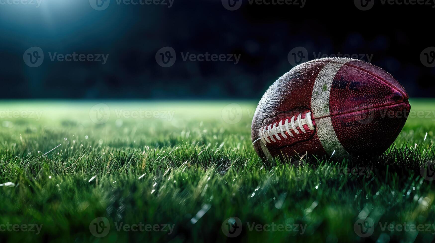 AI generated American football on green grass, on dark background. Team sport concept photo