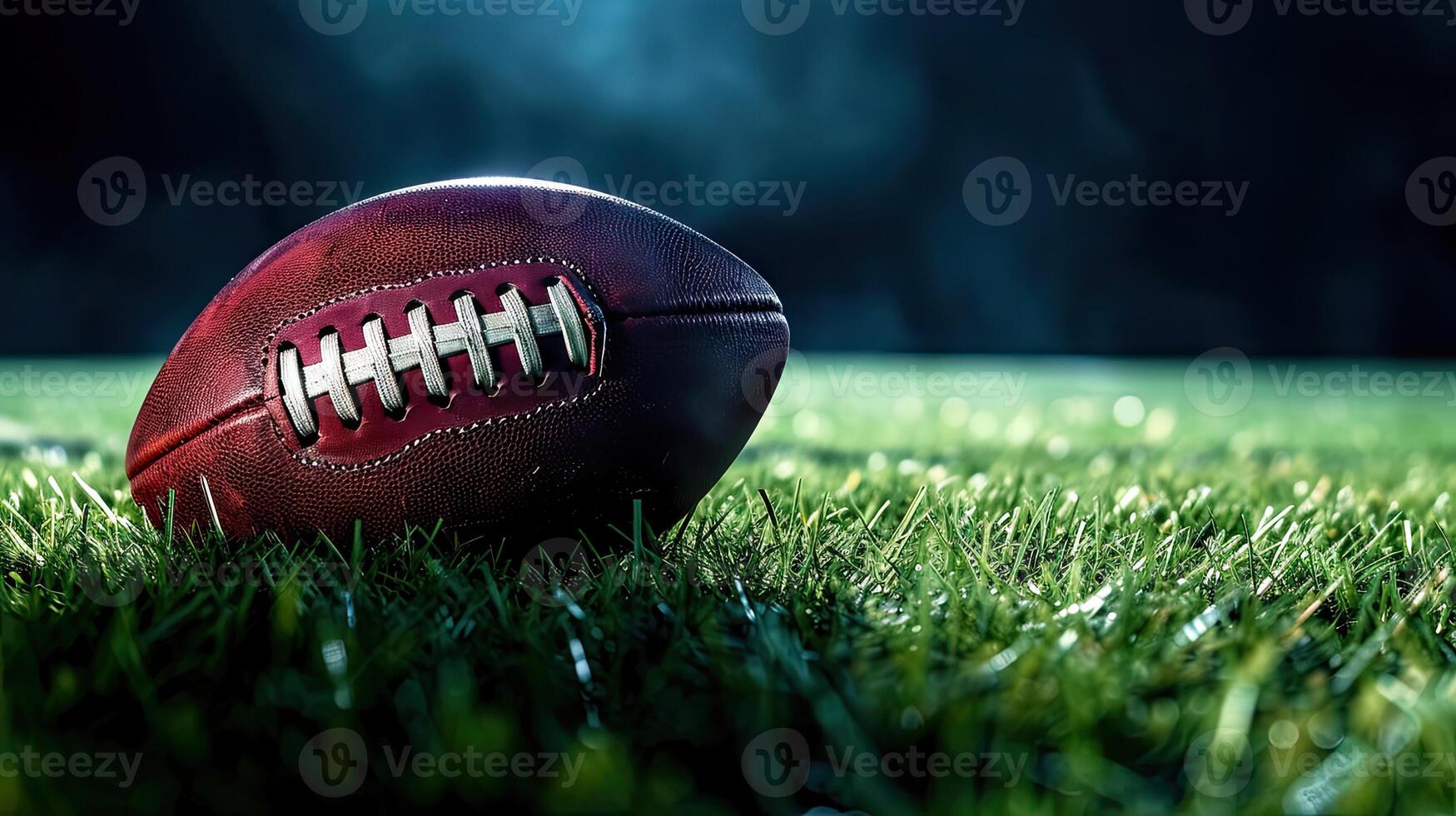 AI generated American football on green grass, on dark background. Team sport concept photo