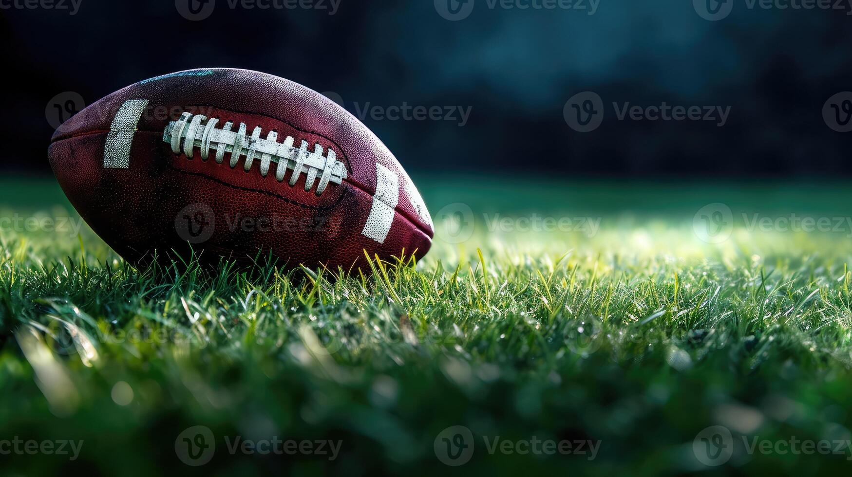 AI generated American football on green grass, on dark background. Team sport concept photo