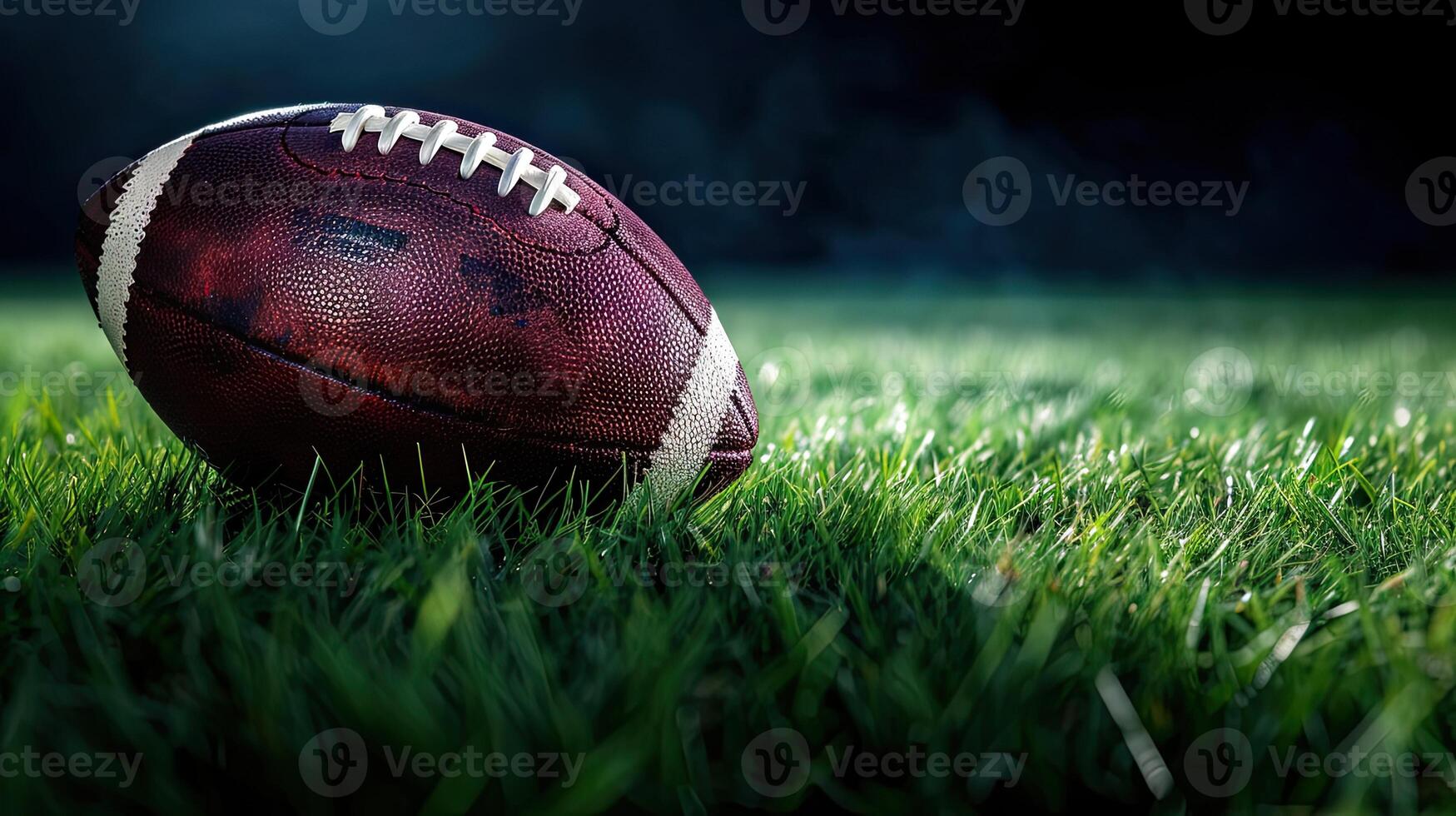 AI generated American football on green grass, on dark background. Team sport concept photo