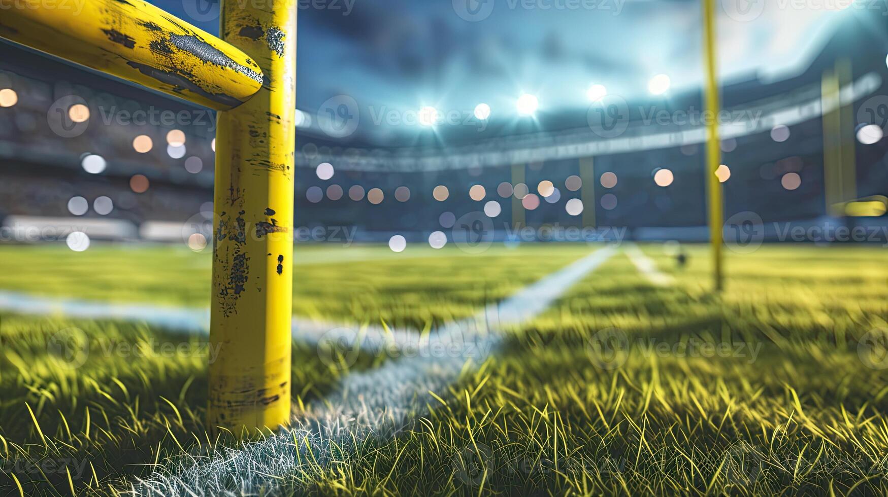 AI generated American football arena with yellow goal post, grass field and blurred fans at playground view. photo
