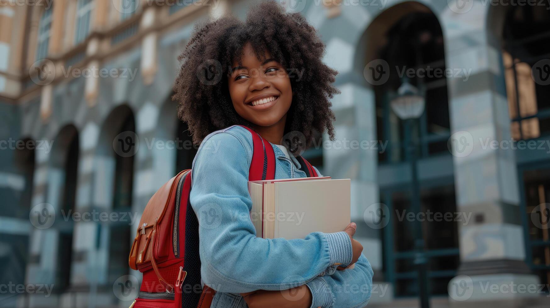 AI generated Cheerful Black Student Girl Hugging Books Posing With Backpack Near College Building Outdoor, Smiling To Camera. Modern Education, College Tuition And Grants photo