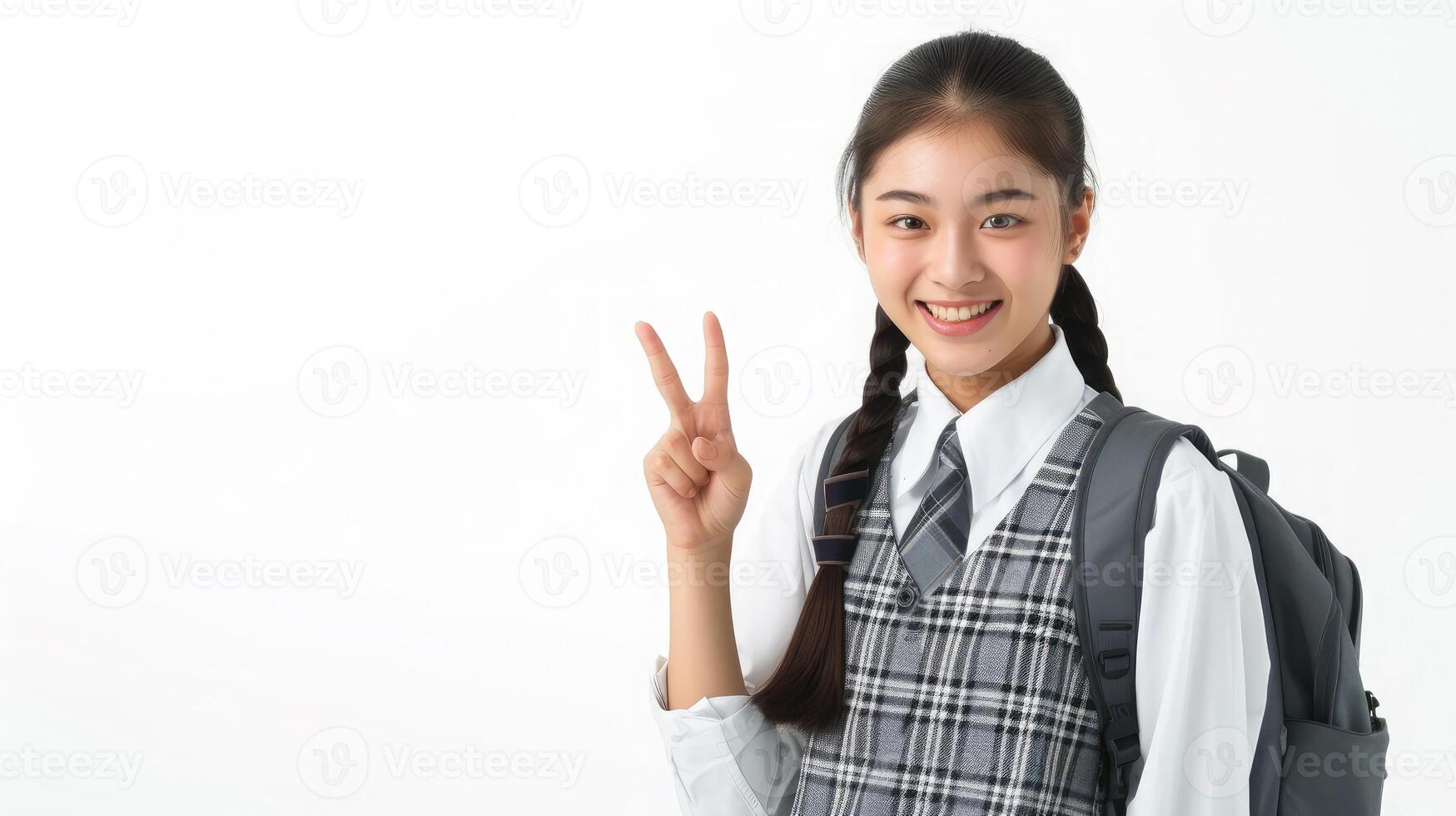 ai generado contento bonito asiático estudiante niña en colegio uniforme señalando dedo arriba aislado en blanco antecedentes. foto