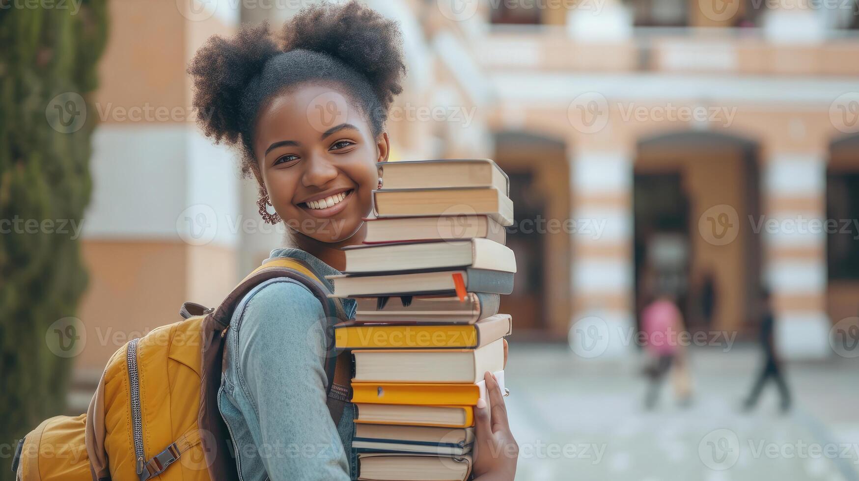 AI generated Cheerful Black Student Girl Hugging Books Posing With Backpack Near College Building Outdoor, Smiling To Camera. Modern Education, College Tuition And Grants photo