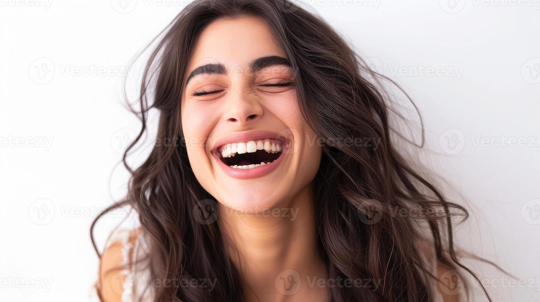 AI generated Young brunette woman over isolated white background laughing photo