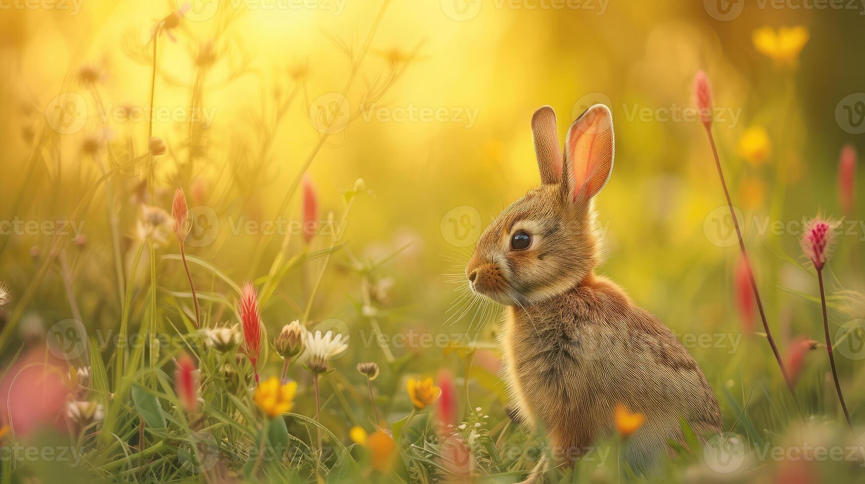 ai generado Conejo en el prado con flores, superficial profundidad de campo foto