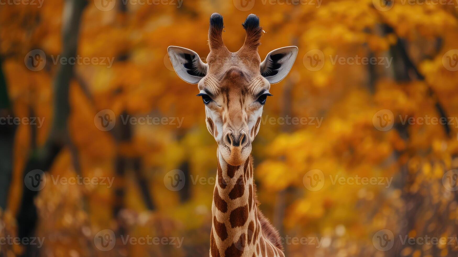 ai generado retrato de un jirafa en un antecedentes de otoño bosque. foto