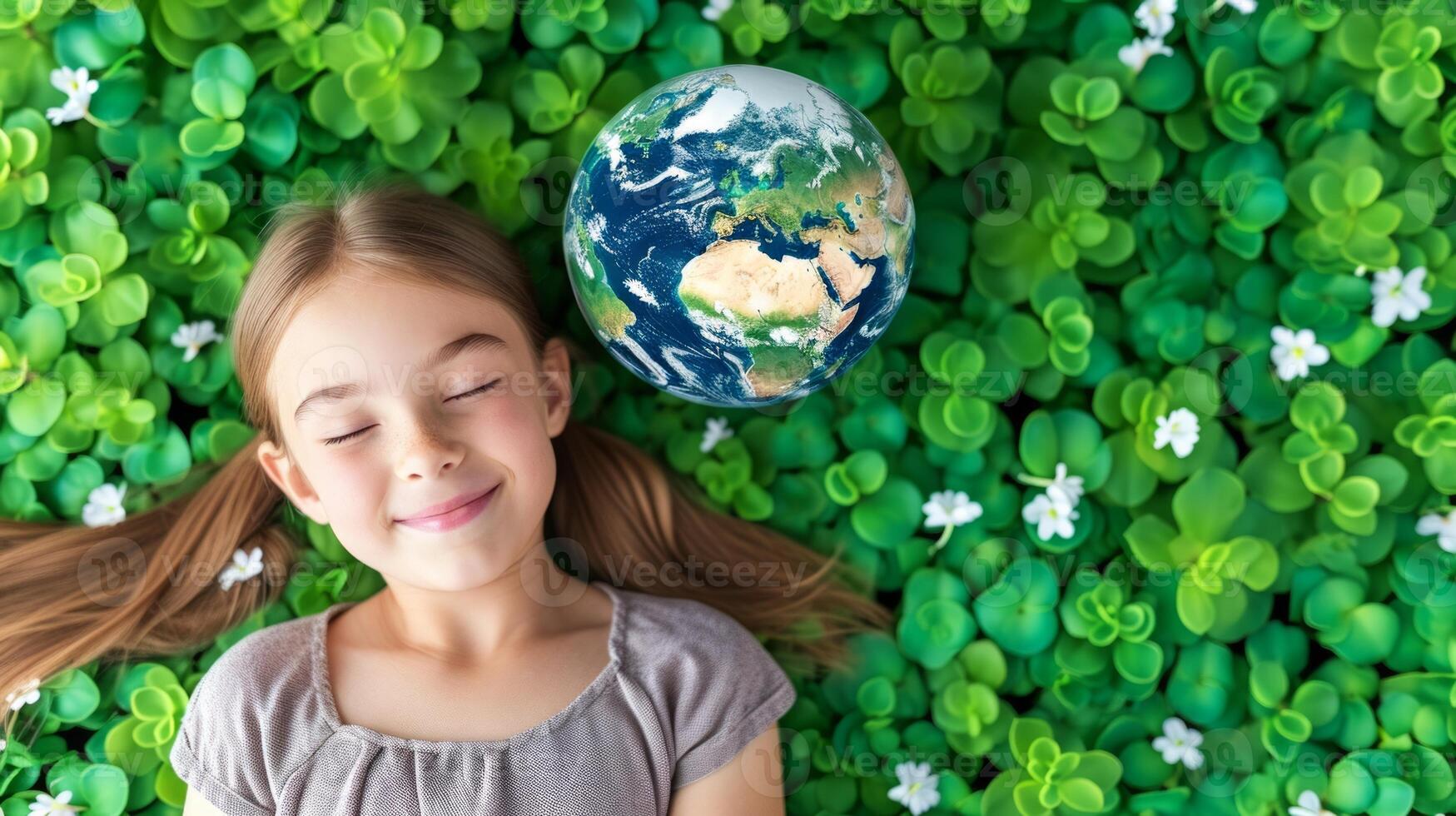 AI generated Relaxed girl laying down with earth on green background. Earth day, Enviroment Day, Save the planet, Environmental conservation photo