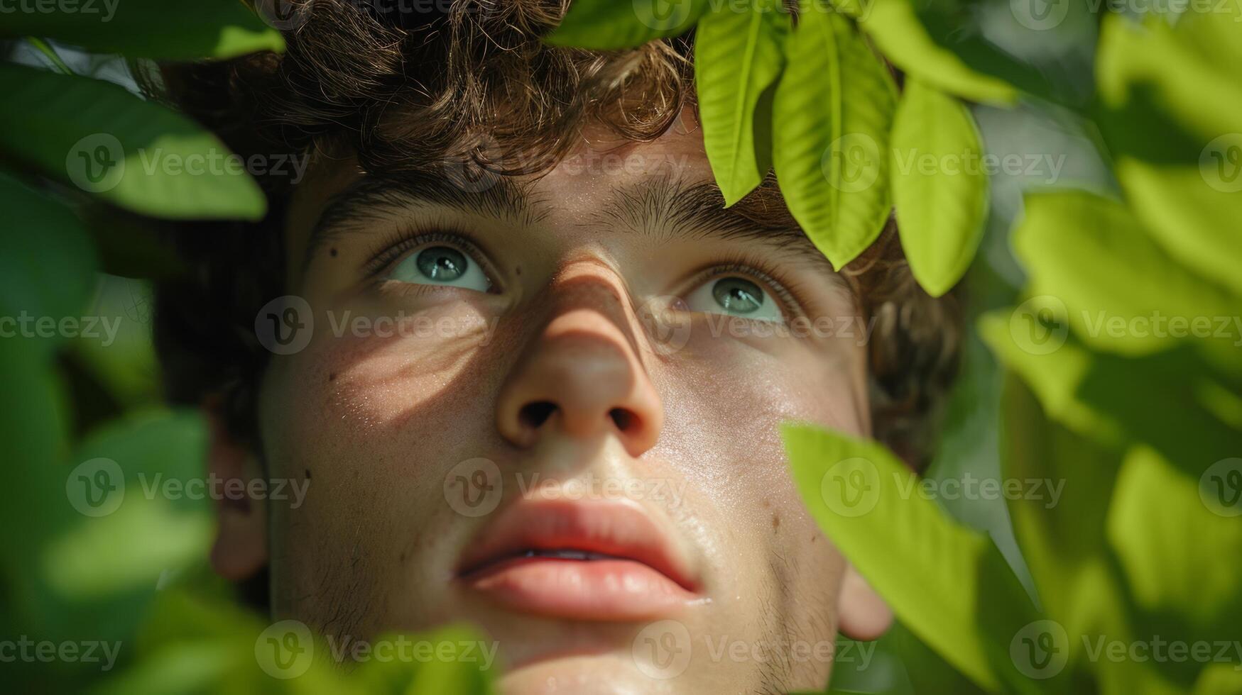 AI generated Portrait of young man with green leaves for natural products advertising. Attrative relaxed man on green nature background photo