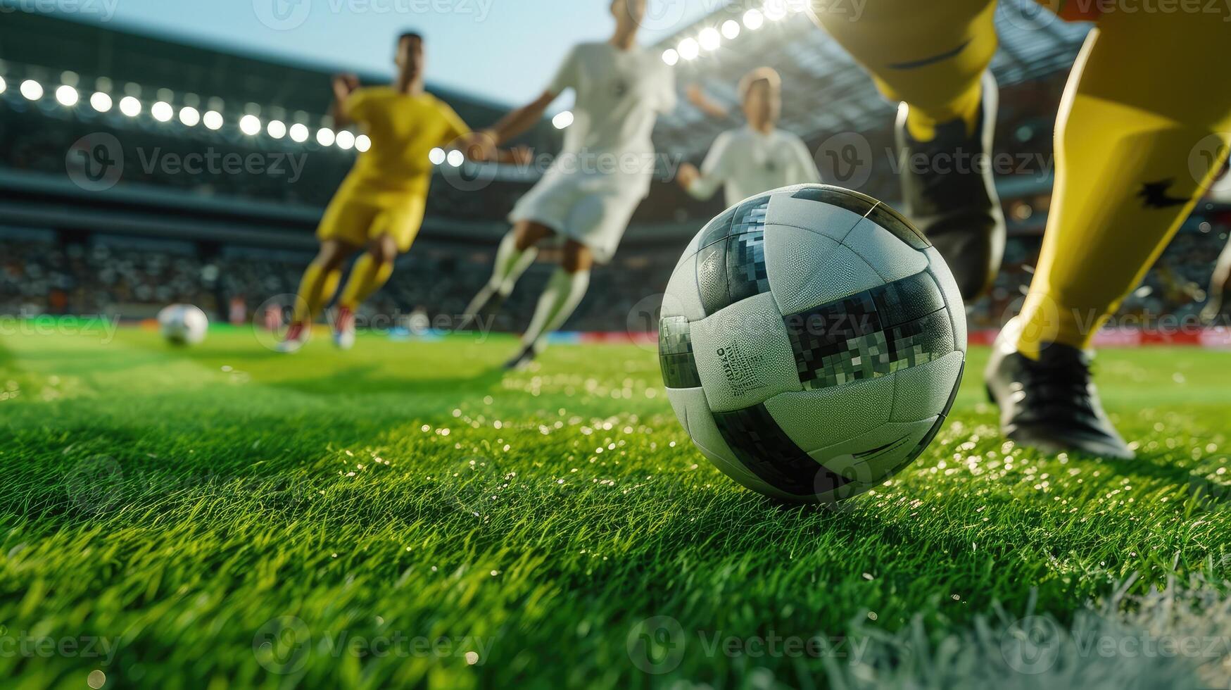 AI generated Close up of a football action scene with competing soccer players at the stadium photo