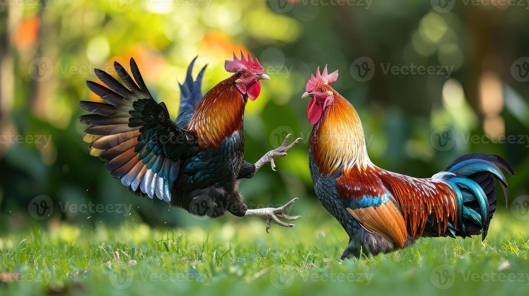 ai generado pelea de gallos es luchando en el césped. foto