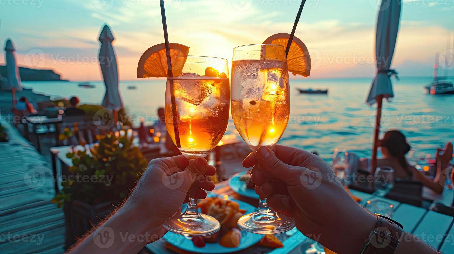 AI generated Couple enjoying of Cheers glass of cocktail in a restaurant at sunset view sea. Cocktail photo