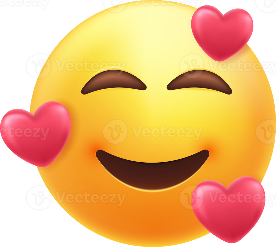 Smiling emoticon with three hearts. png