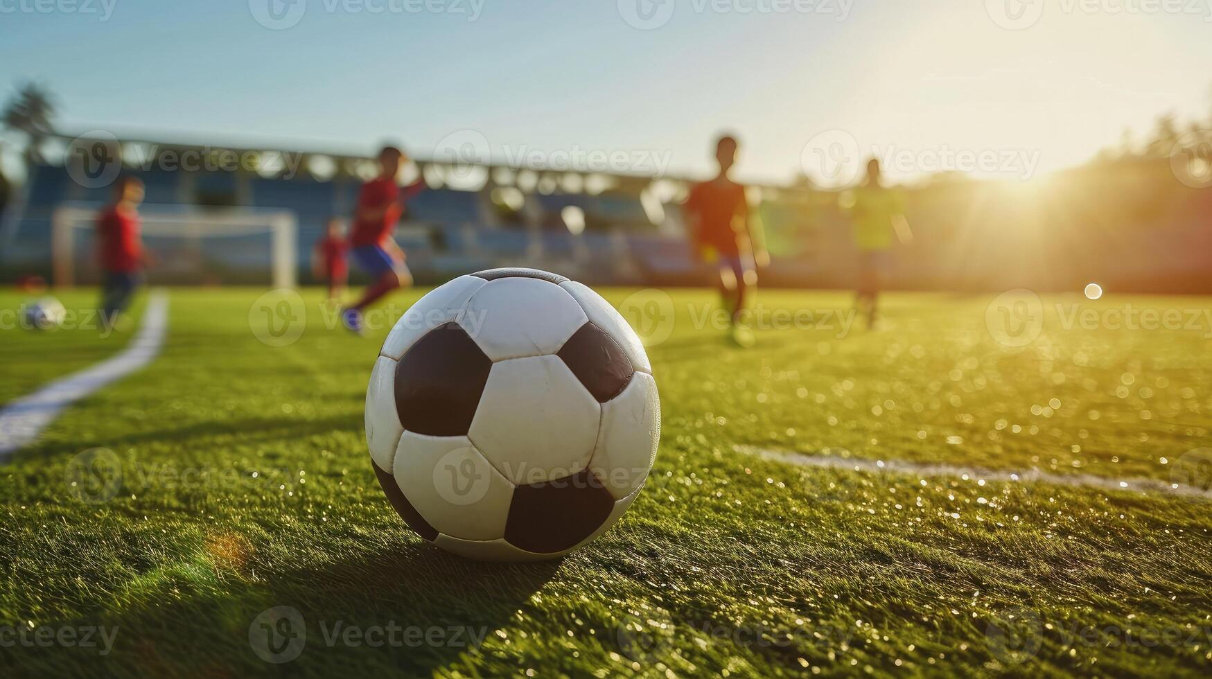 AI generated Soccer Football Training Session for Kids. Boys Training Football on the Pitch. Soccer Stadium in the Backgroun photo