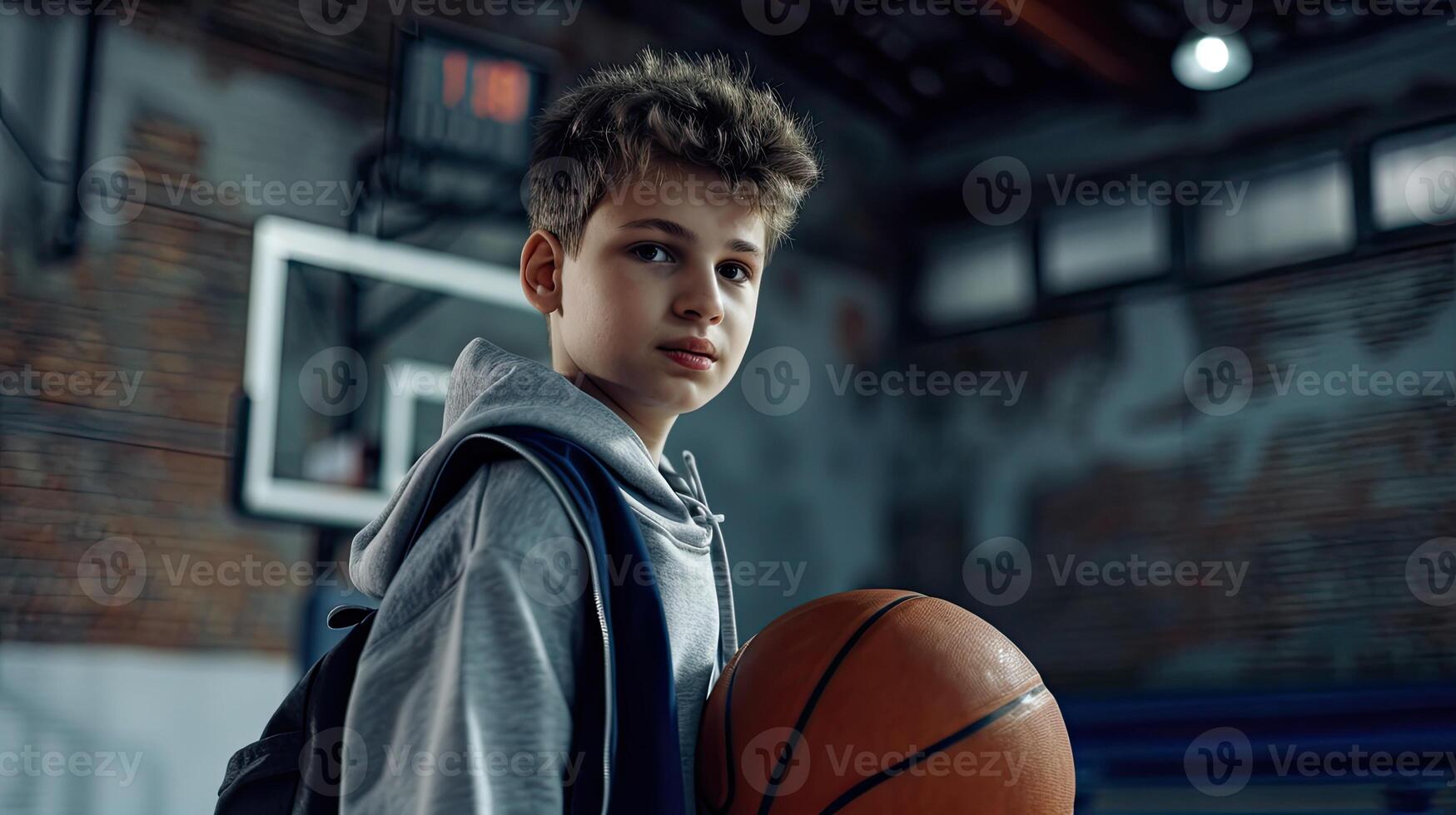 AI generated Junior level basketball player bouncing basketball. Young basketball player with classic ball. Basketball training session for youth. School sports class photo