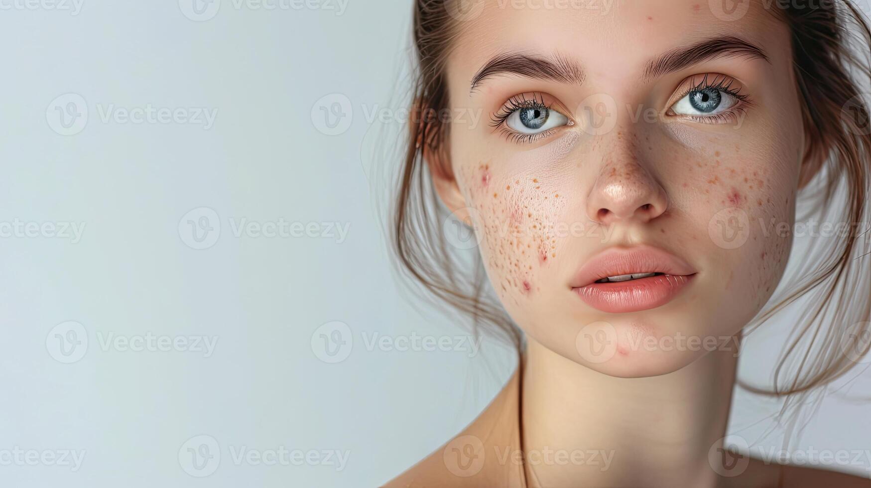 AI generated Young woman with acne problem on light background with space for text, closeup photo