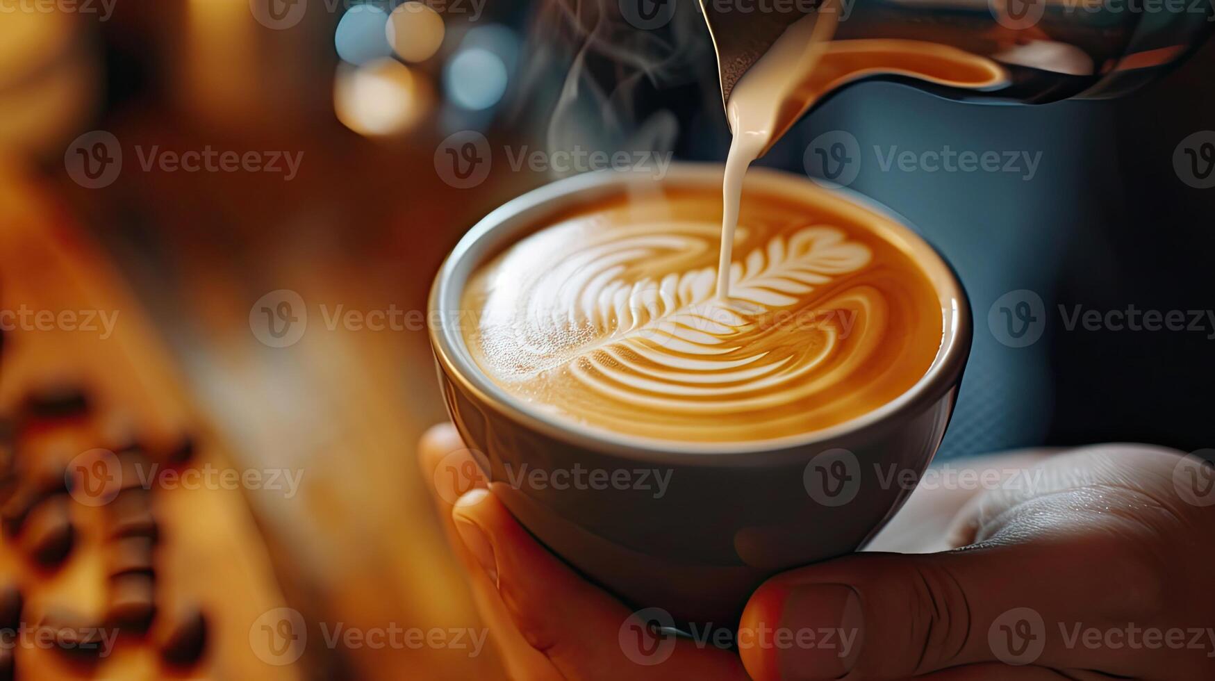 AI generated Close-up of professionally extracting coffee by barista with a pouring steamed milk into coffee cup making beautiful latte art. photo