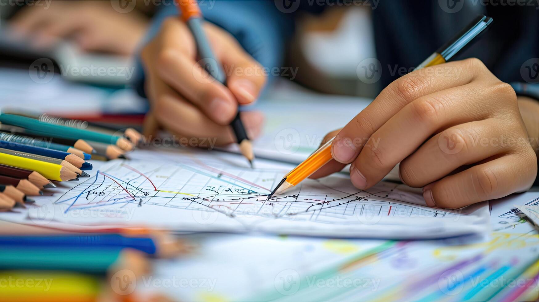 AI generated Teacher or students hands are graphing showing the integration in the calculus section of mathematics. photo