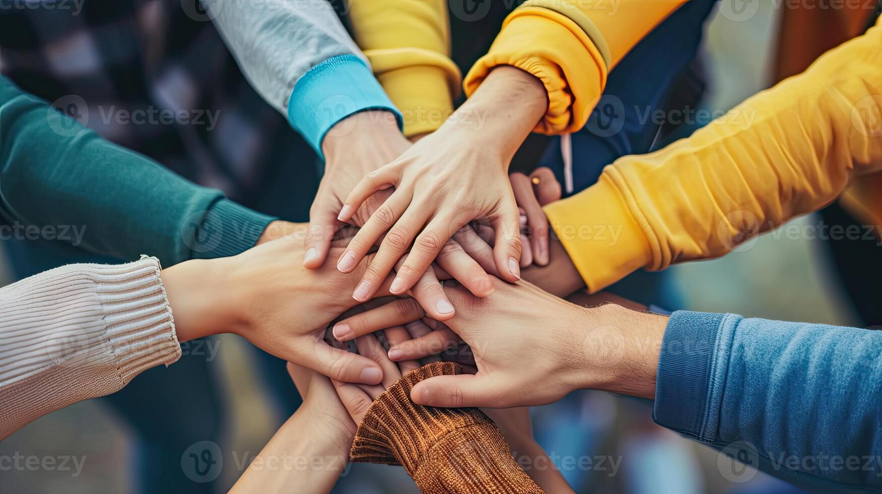 AI generated Panoramic Teamwork,empathy,partnership and Social connection in business join hand together concept.Hand of diverse people connecting photo