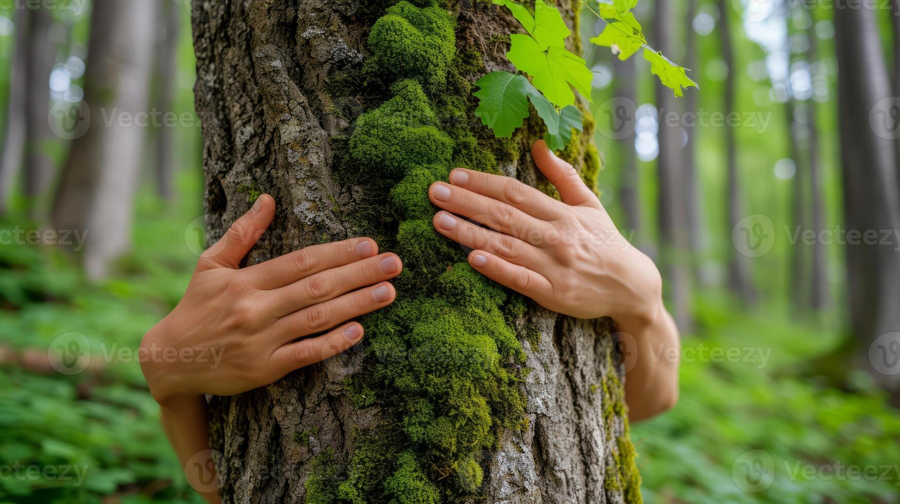 AI generated Hands hugginf big tree with green moss in forest. People protect pollution and climate change, Nature protection, Environmental conservation photo