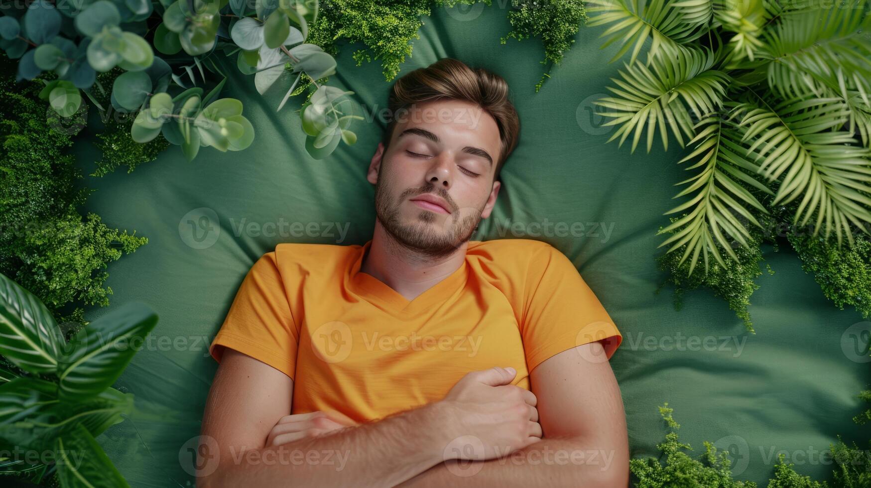 AI generated Relaxed man laying down on green background. Top view portrait of young man enjoy his freedom with nature, Natural alternative therapy photo