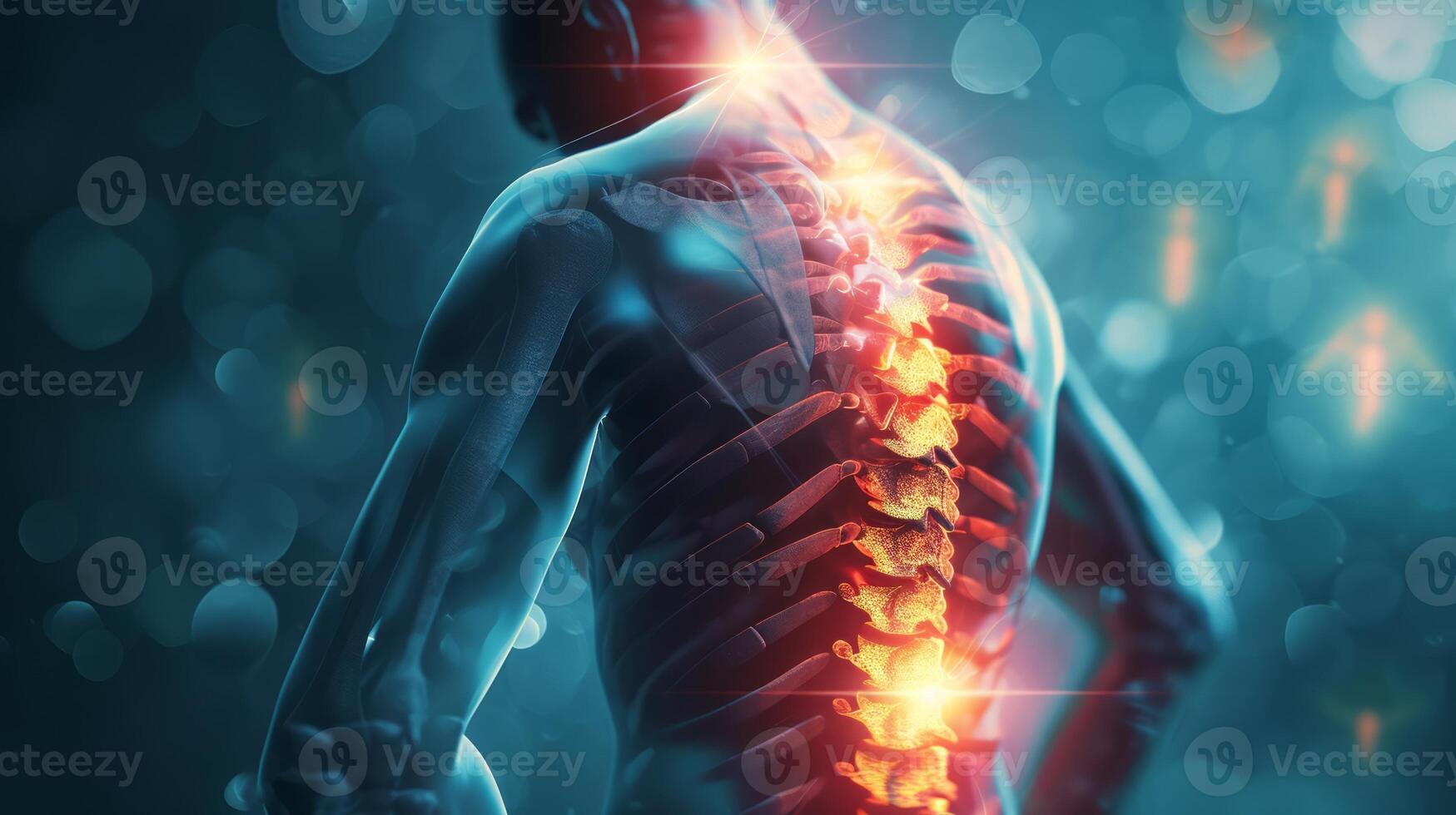 AI generated Back Pain, Backache, Human Spine X-ray Anatomy, Emphasizing the Spine, Bones and Potential injuries photo