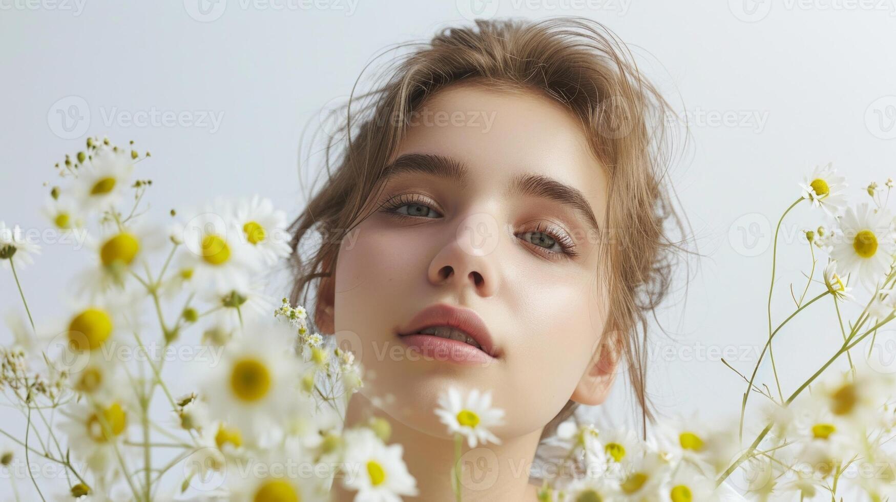 AI generated Portrait of attractive woman with beautiful flowers. Women day, Brunette girl with healthy skin, Smooth face, Cosmetics, Lotion, Oil, Moisturizer, Ointment photo