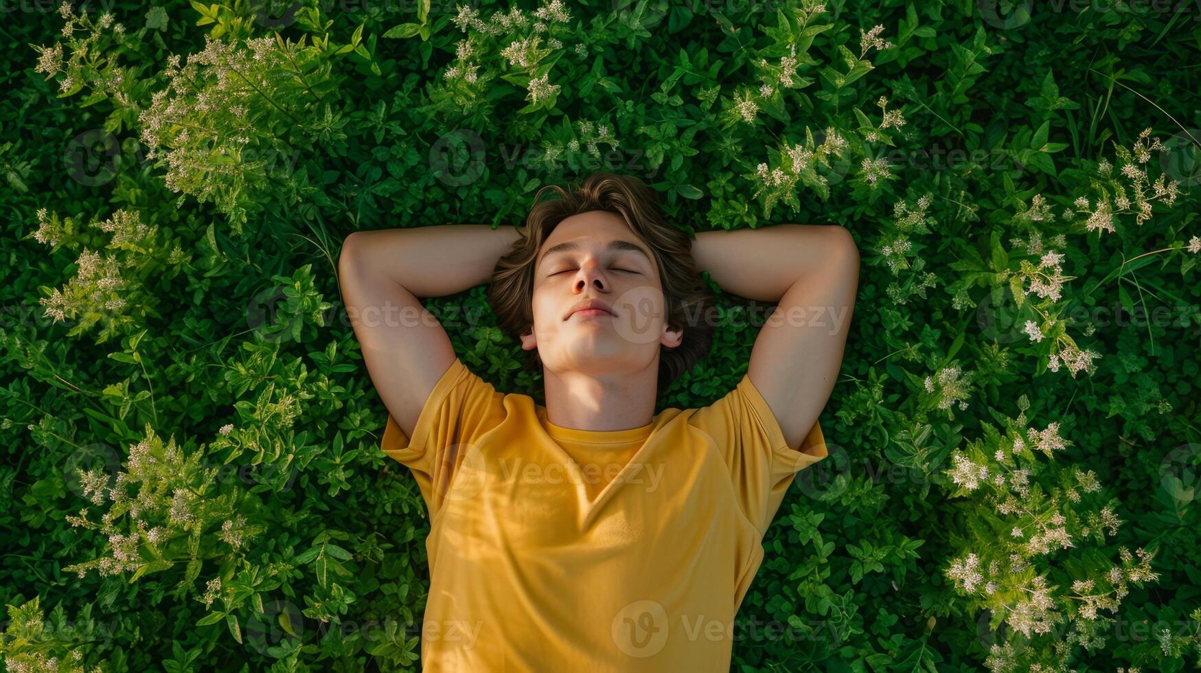 AI generated Relaxed man laying down on green background. Top view portrait of young man enjoy his freedom with nature, Natural alternative therapy photo