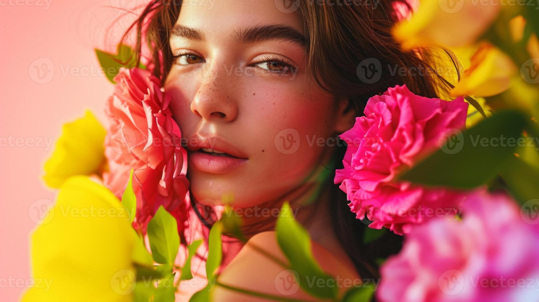 AI generated Portrait of attractive woman with beautiful flowers. Women day, Brunette girl with healthy skin, Smooth face, Cosmetics, Lotion, Oil, Moisturizer, Ointment photo