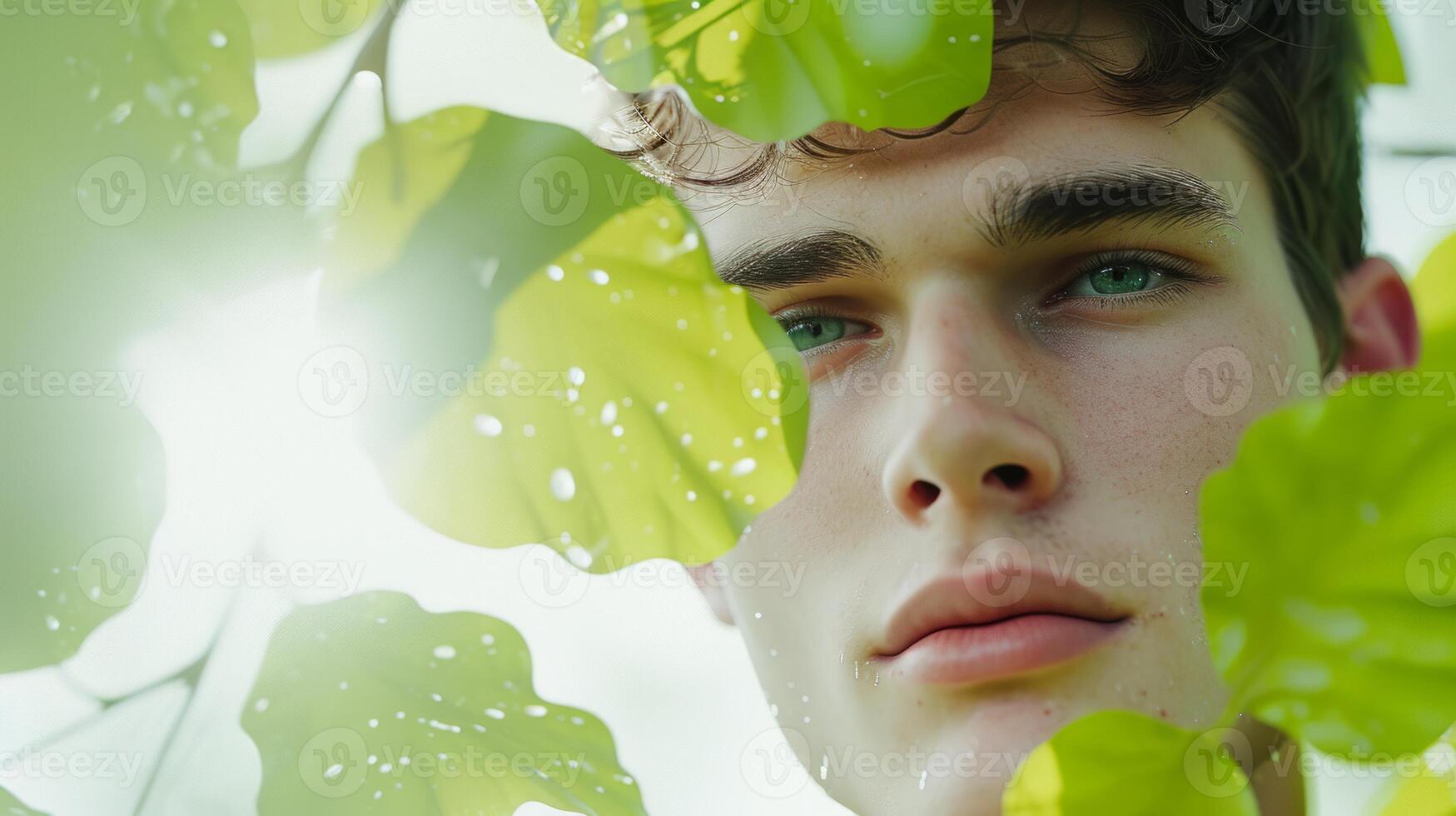 AI generated Portrait of young man with green leaves for natural products advertising. Attrative relaxed man on green nature background photo