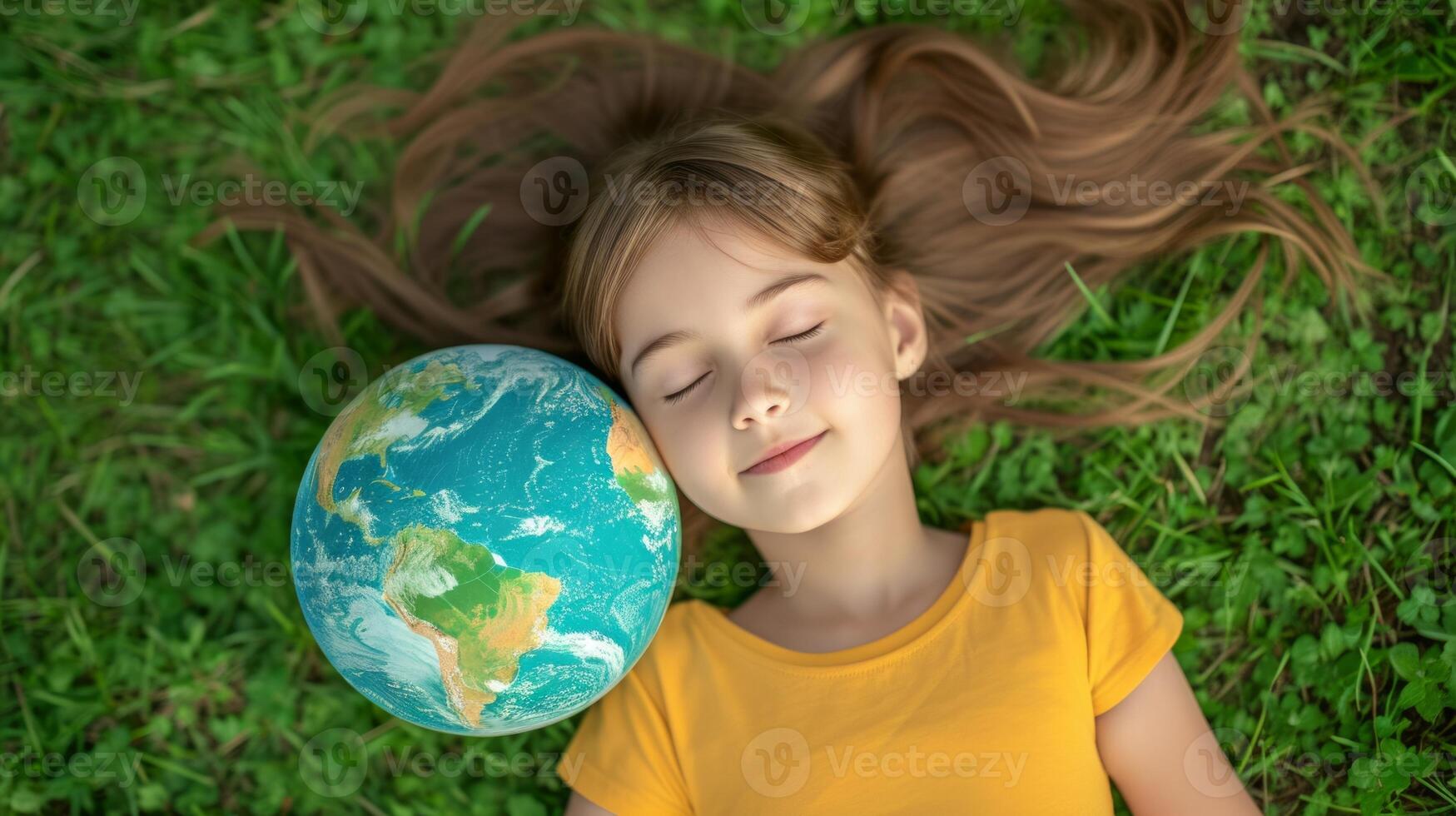 AI generated Relaxed girl laying down with earth on green background. Earth day, Enviroment Day, Save the planet, Environmental conservation photo