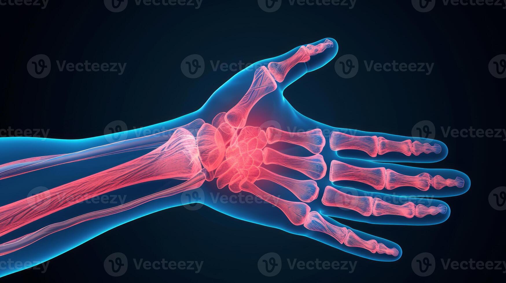 AI generated Wrist Pain, Hand X-ray Anatomy, Highlight Bones and Potential injuries photo