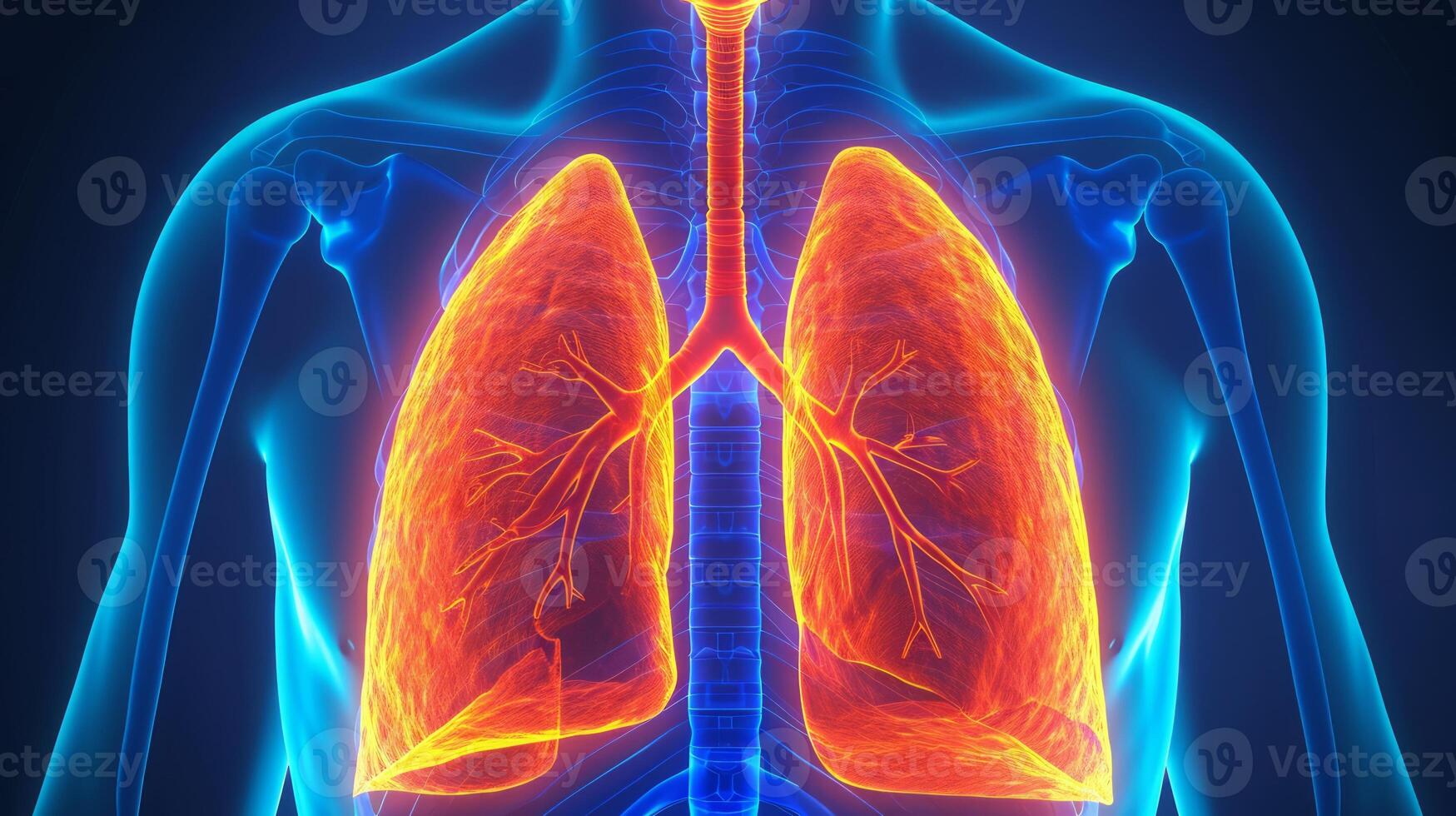 AI generated Explore the dynamic of lung disease. Human lungs X-ray anatomy, Highlight lung and potential injuries photo