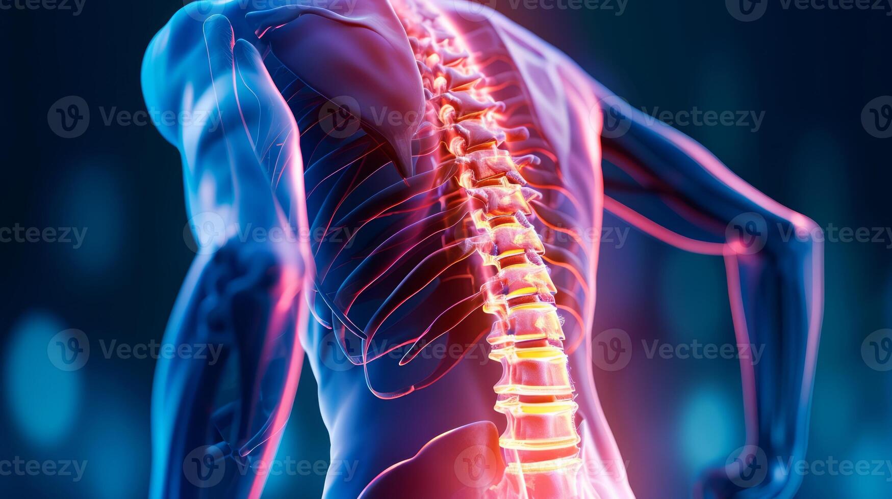AI generated Back Pain, Backache, Human Spine X-ray Anatomy, Emphasizing the Spine, Bones and Potential injuries photo