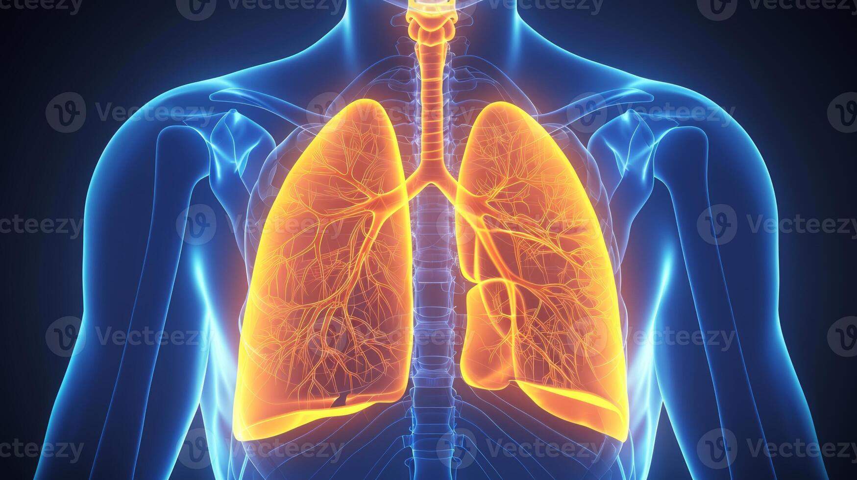 AI generated Explore the dynamic of lung disease. Human lungs X-ray anatomy, Highlight lung and potential injuries photo