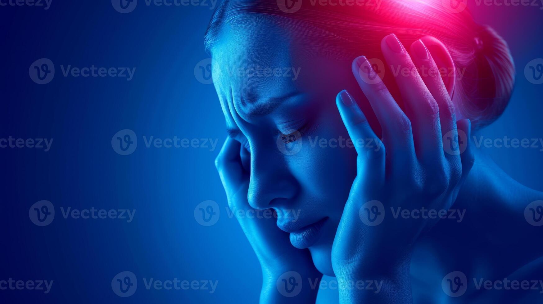 AI generated Woman suffering from headache. Depressed and stressed woman because of pain and migraine, touch her his temples, tension problem, vertigo or dizziness photo