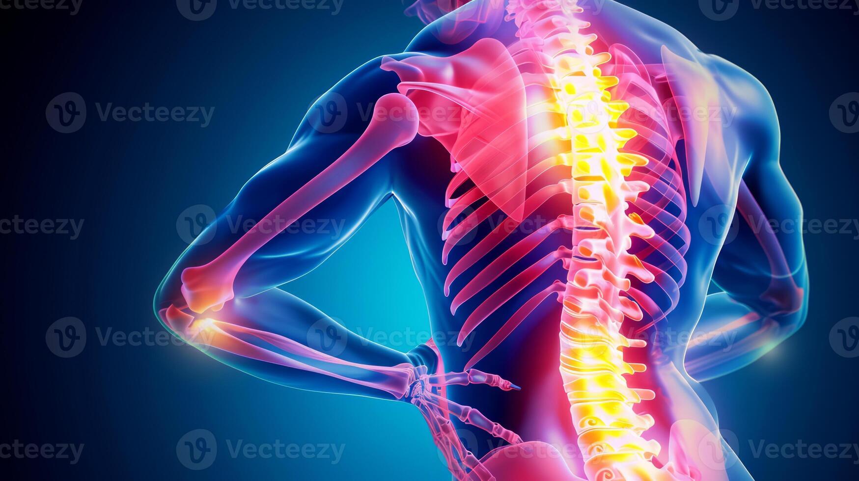 AI generated Back Pain, Backache, Human Spine X-ray Anatomy, Emphasizing the Spine, Bones and Potential injuries photo