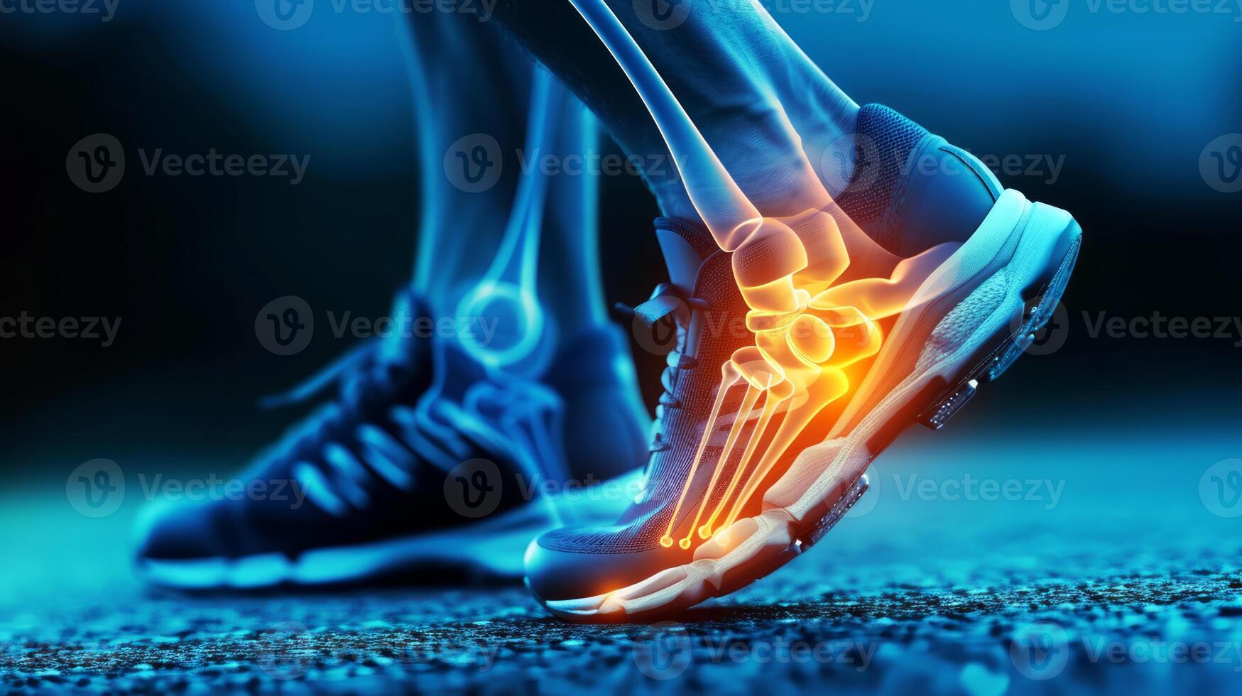 AI generated Ankle Pain, Human Ankle X-ray illustration Anatomy, Highlight Bones and Potential injuries photo