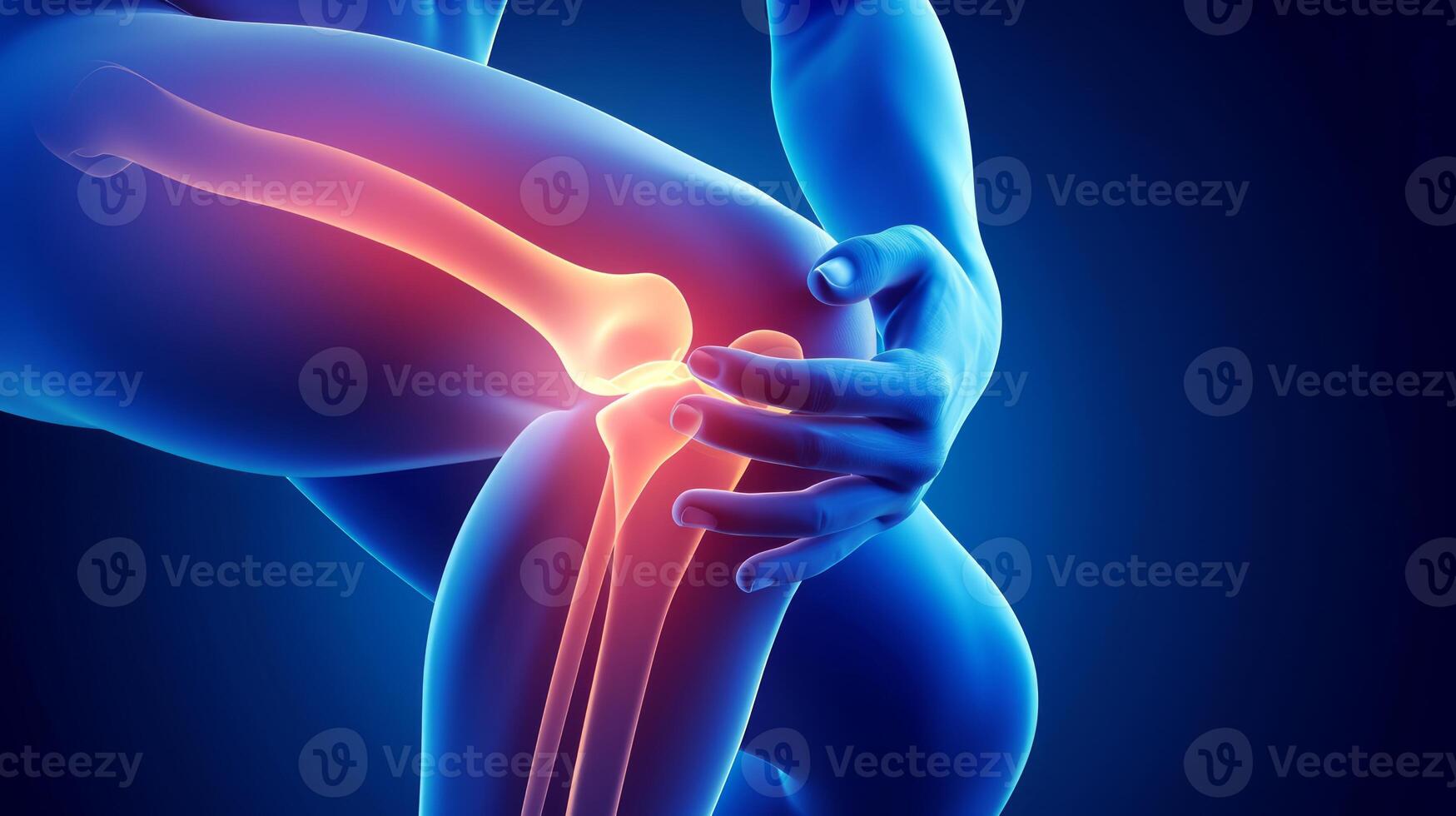 AI generated Knee Pain and Injury, Knee X-ray Anatomy, Emphasizing the Bones and Potential injuries photo