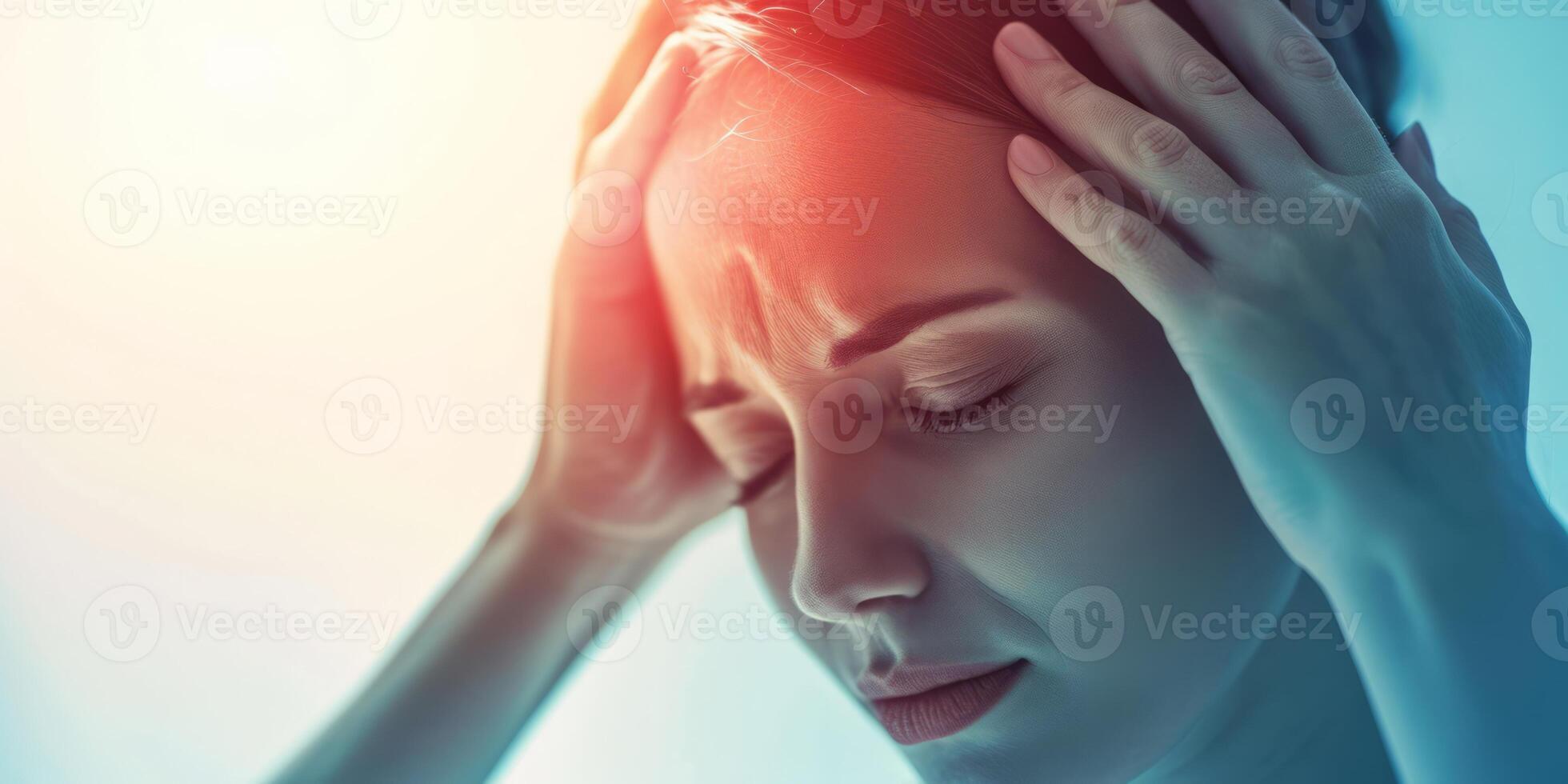 AI generated Woman suffering from headache. Depressed and stressed woman because of pain and migraine, touch her his temples, tension problem, vertigo or dizziness photo