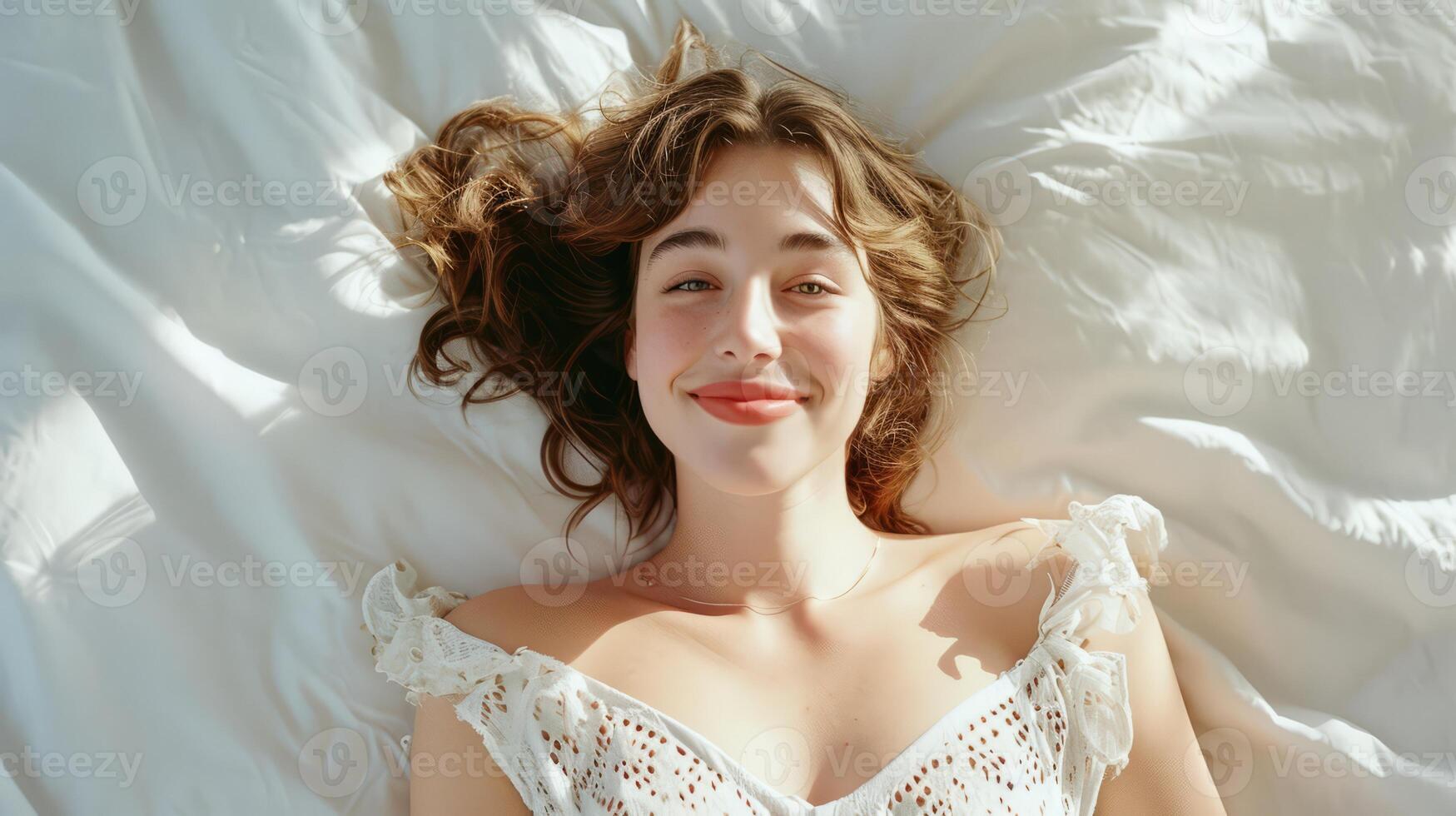AI generated Relaxed serene female laying down on the bed. Happy young woman taking a break time, Resting on the bed and enjoy her weekend at home photo