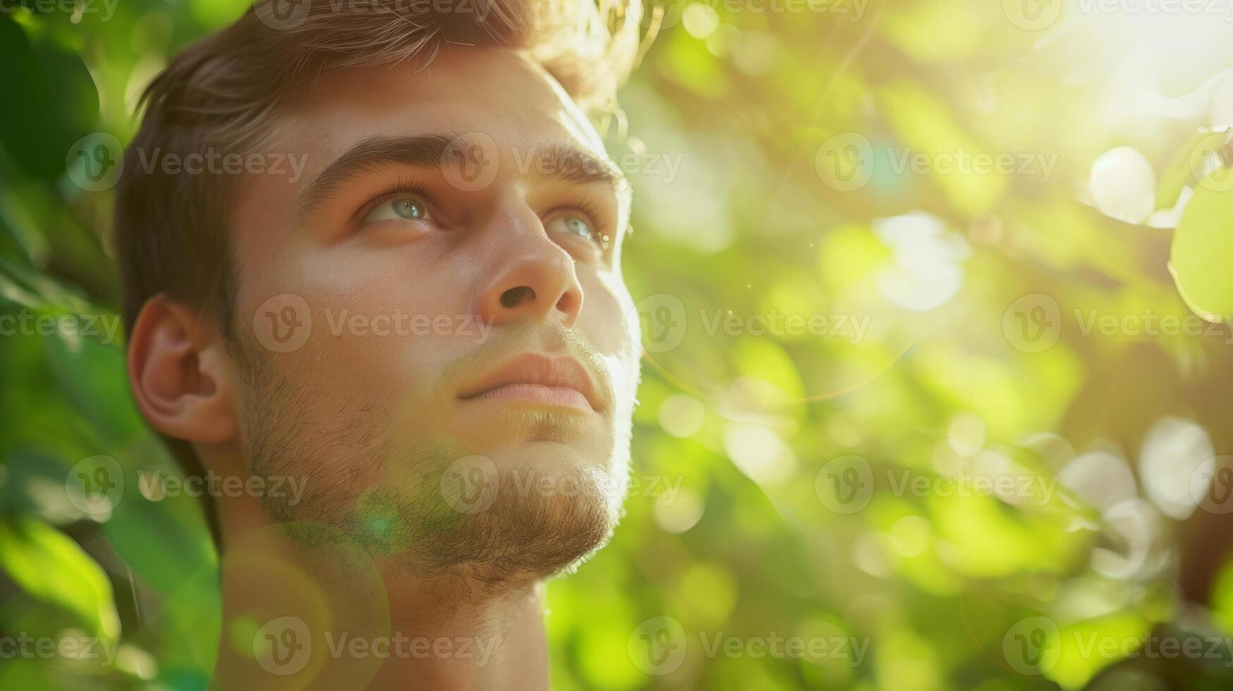 AI generated Portrait of young man with green leaves for natural products advertising. Attrative relaxed man on green nature background photo